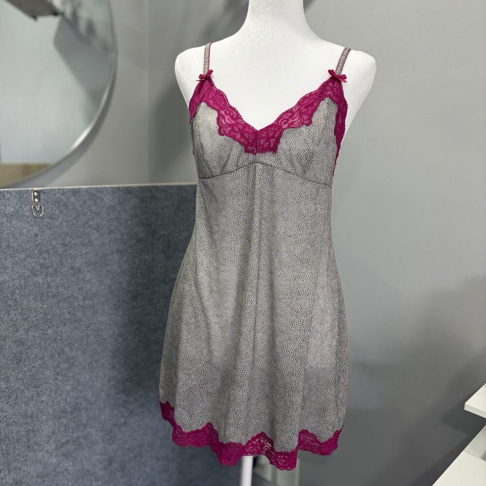 Victorias Secret Lace Trim Animal Print Chemise Slip Nightgown Lingerie Large